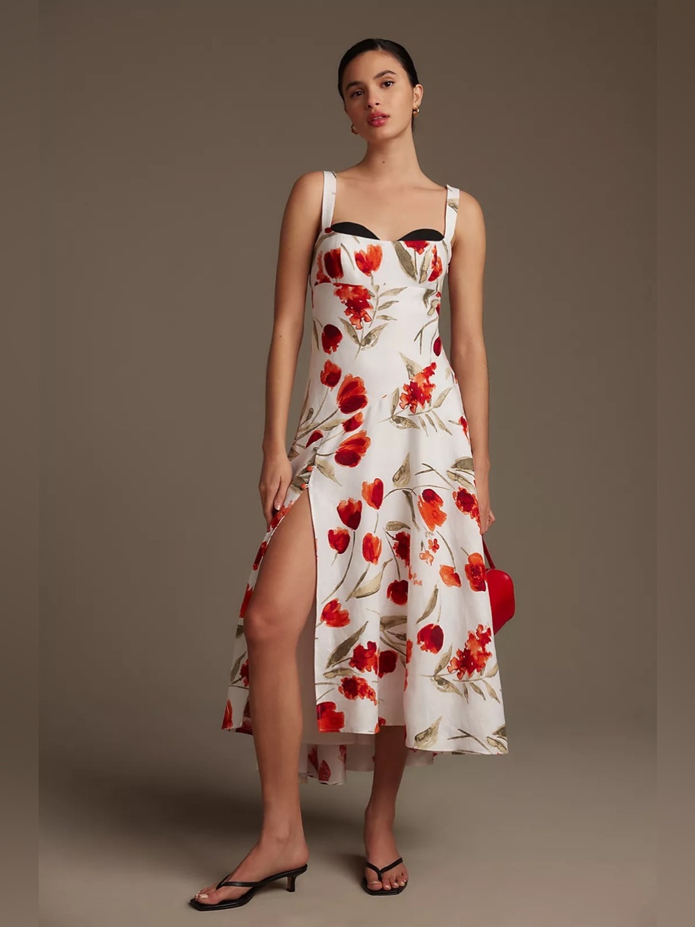 Reformation Floral White and Red Midi Dress with Sweetheart Neckline